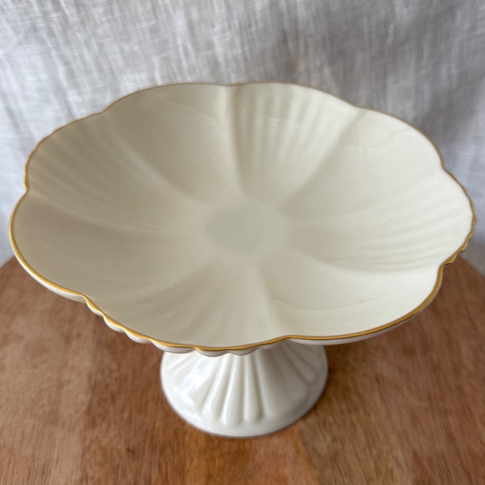 Vintage 80s Lenox Ivory Gold Trim Bon-Bon Compote Pedestal Candy Dish Scalloped - Picture 3 of 8